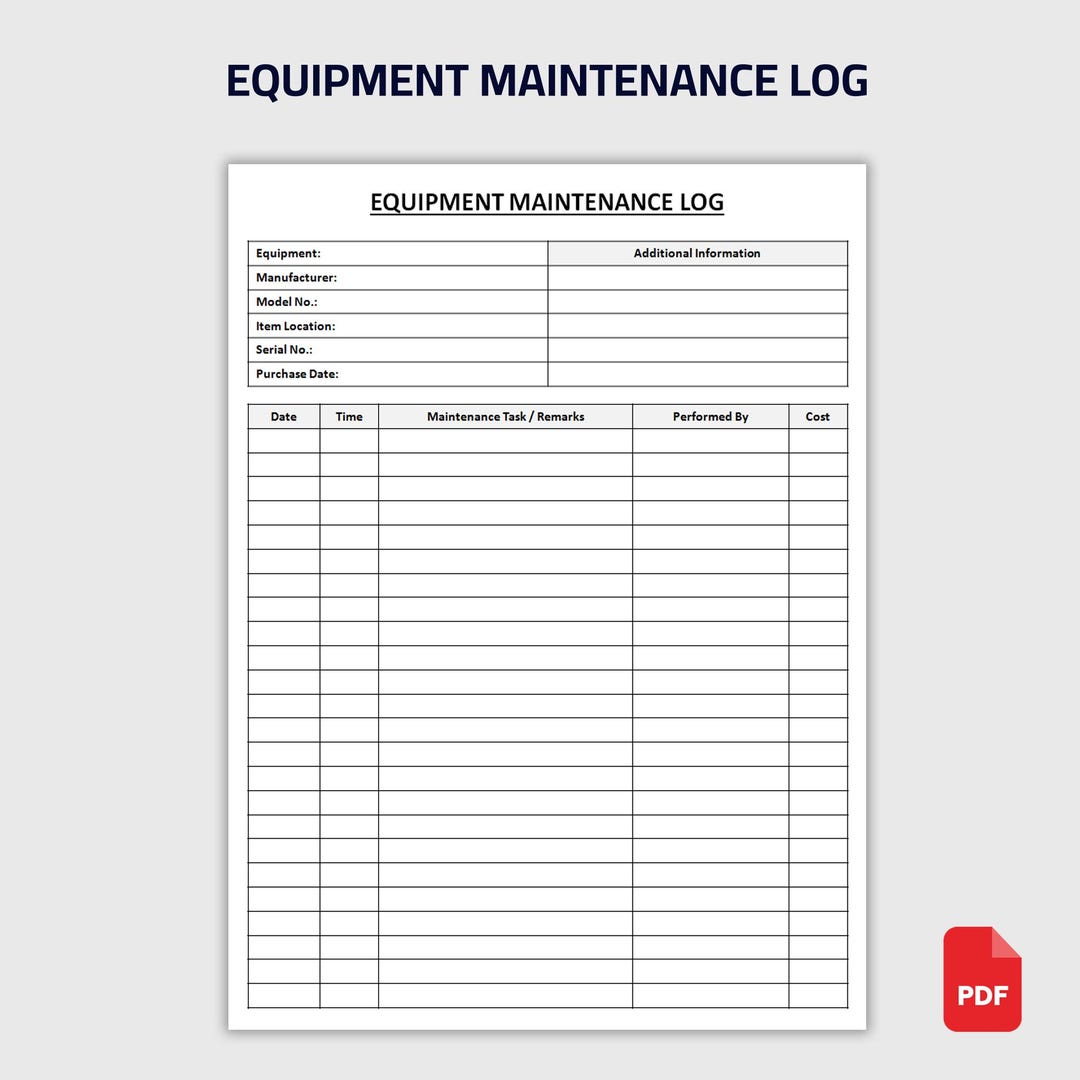 Plug Go Maintenance Sheet.pdf Printable Equipment Maintenance Log | Repair & Service Record Sheet ...