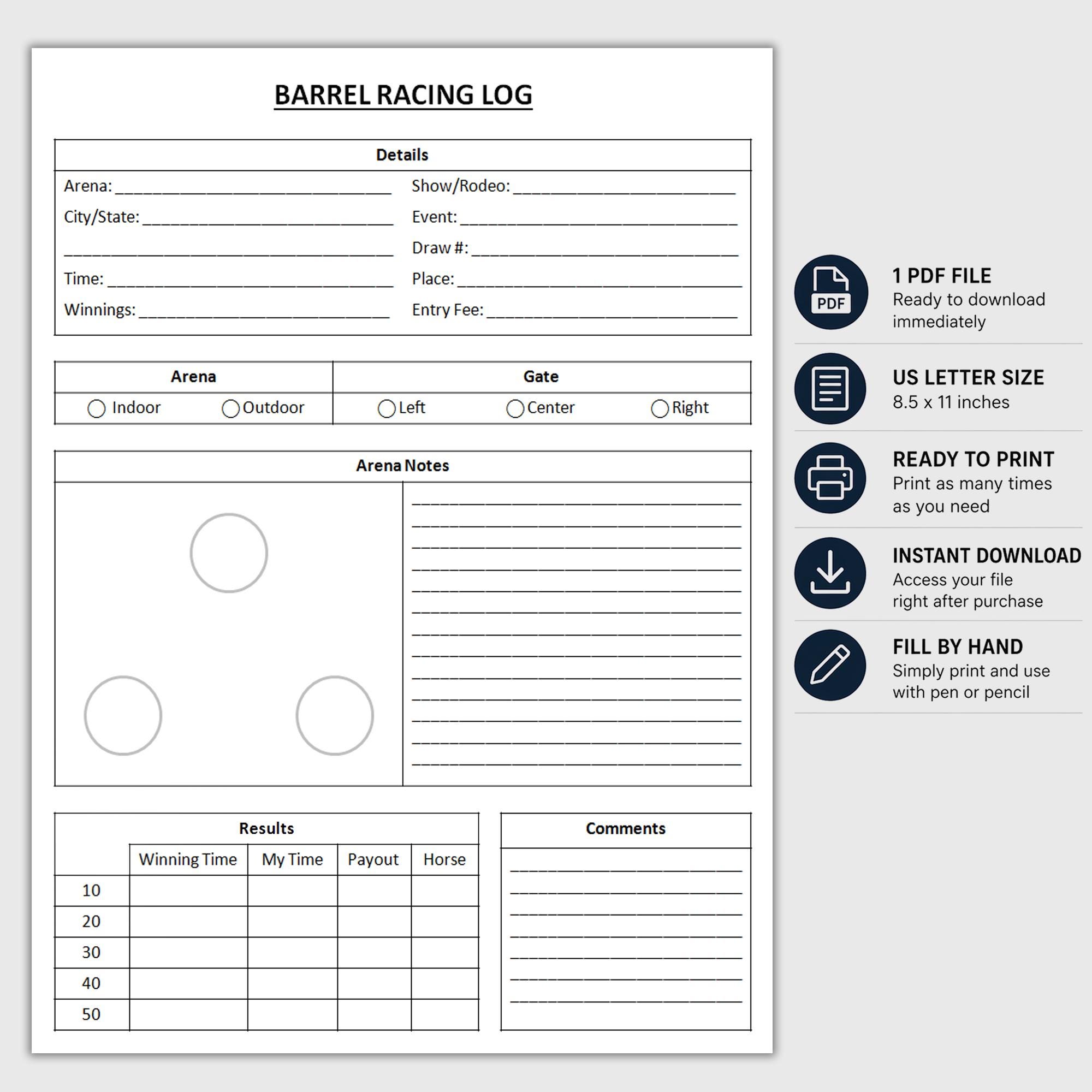Printable Barrel Racing Log | Barrel Racing Record Sheet | Horse Event ...