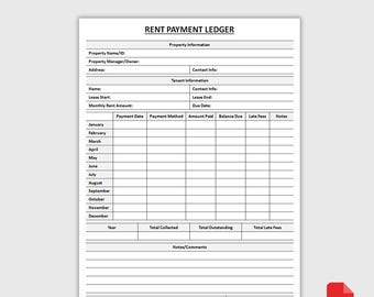 Printable Rent Payment Ledger | Monthly Rent Payment Tracker | Tenant Rent Payment Log | Rental Payment Log | PDF Download