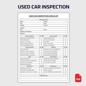 May include: A white document titled "USED CAR INSPECTION CHECKLIST" with sections for vehicle information, exterior, interior, fluids, under the hood, road test, documentation, and miscellaneous checks. A PDF icon is in the bottom right.