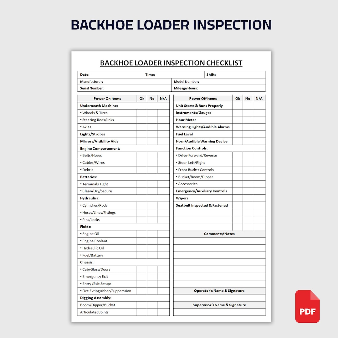 Printable Backhoe Loader Inspection Checklist | Daily Inspection Form ...