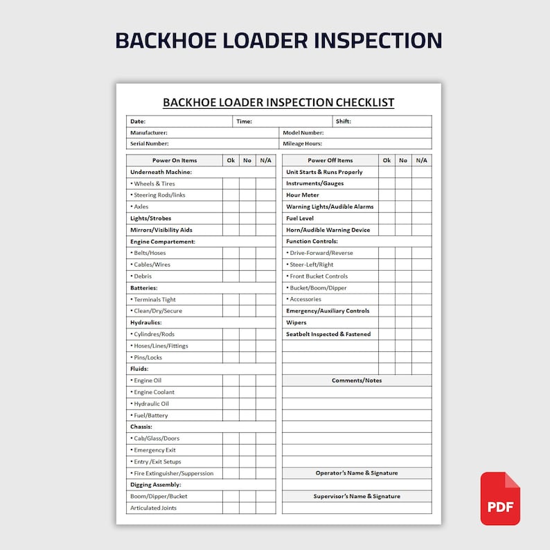 Loader Checklist Format Printable Backhoe Loader Inspection Checklist | Daily Inspection Form ...