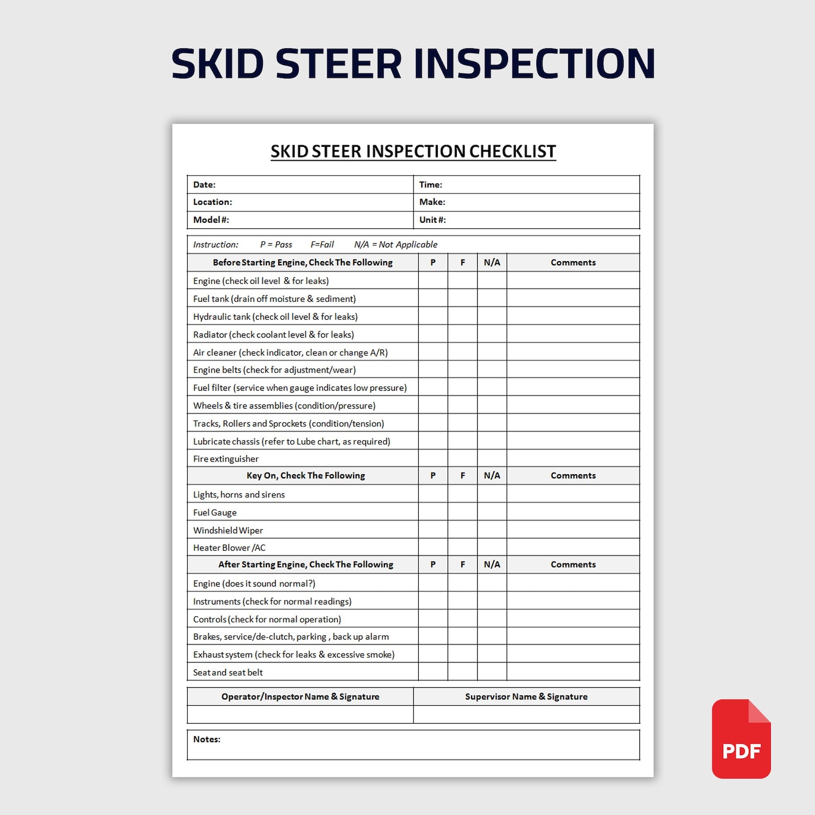 Printable Skid Steer Loader Inspection Checklist | Daily Inspection ...