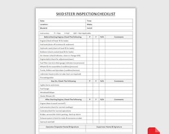 Druckbare Checkliste für die Kompaktlader-Inspektion | Form zur täglichen Kontrolle | Checkliste für die Sicherheit der Ausrüstung | Wartungsbuch | PDF-Download