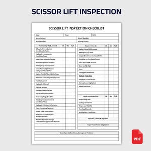 Könnte beinhalten: Eine weiße Checkliste für die Scherenhub-Inspektion mit dem Titel "SCISSOR LIFT INSPECTION" in Blau. Die Checkliste enthält Abschnitte für Vorstart, Stromprüfungen und Arbeitsbereichsinspektion. Ein rotes PDF-Symbol befindet sich in der unteren rechten Ecke.