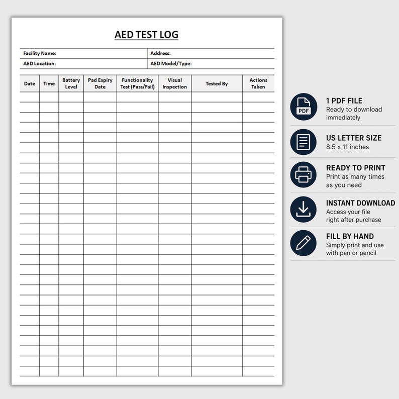 Printable AED Test Log | AED Inspection Sheet | Defibrillator ...