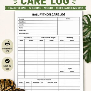 Printable Ball Python Care Log | Reptile Care Tracker | Snake Health Record | Pet Care Log | PDF Download