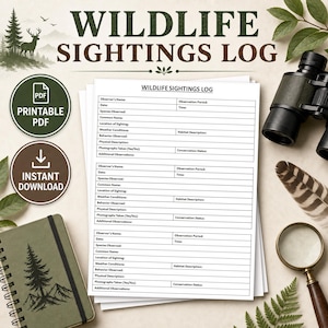 Op de afbeelding: Een afdrukbaar PDF-wildwaarnemingslogboek met een gedetailleerd formulier voor het registreren van waarnemingen. De afbeelding bevat een groen notitieboek, een verrekijker, een vergrootglas en een veer. De tekst luidt "Wildlife Sightings Log" en "Instant Download."