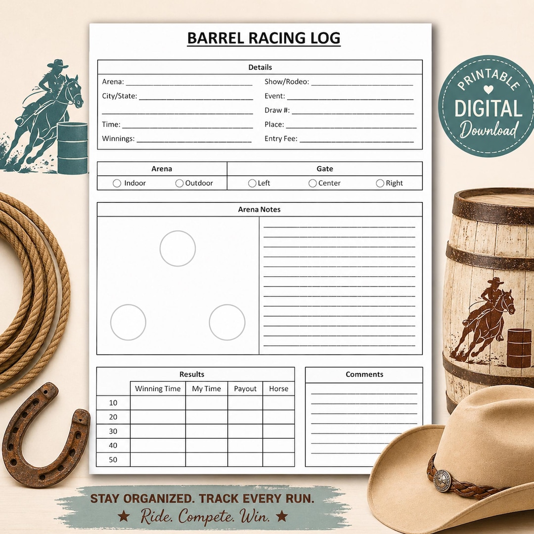 Classic Racing Log Printable Barrel Racing Log | Barrel Racing Record Sheet | Horse Event ...