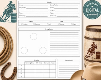 Druckbares Barrel Racing Log | Barrel Racing Datenblatt | Pferd Event Tracker | Rodeo Holz | PDF-Download