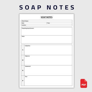 以下が含まれることがあります： 白地のSOAP NOTESテンプレートで、背景は薄いグレーです。クライアント情報、提示された問題、目標、SOAPノートセクションのフィールドが含まれています。PDFアイコンは右下にあります。「SOAP NOTES」というタイトルが上部にあります。
