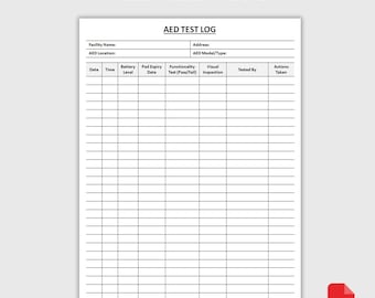 Druckbares AED Test Log | AED-Inspektionsbogen | Defibrilator-Wartungsregister | Zubehör Check Tracker | PDF-Download