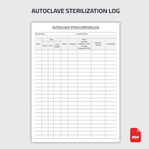 Può includere: Un registro di sterilizzazione in autoclave bianco con testo nero. Il documento include campi per data, ora, temperatura, pressione e commenti. Il titolo "AUTOCLAVE STERILIZATION LOG" è in alto. Un'icona PDF rossa è nell'angolo in basso a destra.