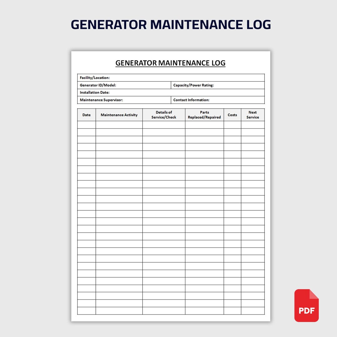 Simple Generator Log Printable Generator Maintenance Log | Repair & Service Record Sheet ...