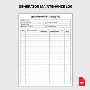 Puede incluir: Un documento blanco de registro de mantenimiento del generador con un icono PDF rojo en la esquina inferior derecha. El documento incluye campos para la instalación, la ID del generador, la fecha de instalación y los detalles de mantenimiento. El título "GENERATOR MAINTENANCE LOG" está en la parte superior.