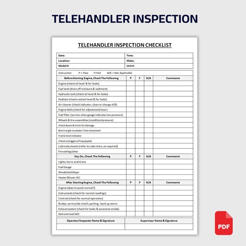 Printable Telehandler Inspection Checklist | Daily Inspection Form ...