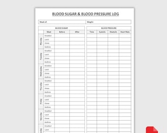 Blutzucker und Blutdruck-Tagebuch zum Ausdrucken | Blutdruck und Diabetes Tracker | Glukose-Tracker | blutdruckfarbendes Blatt | PDF-Download