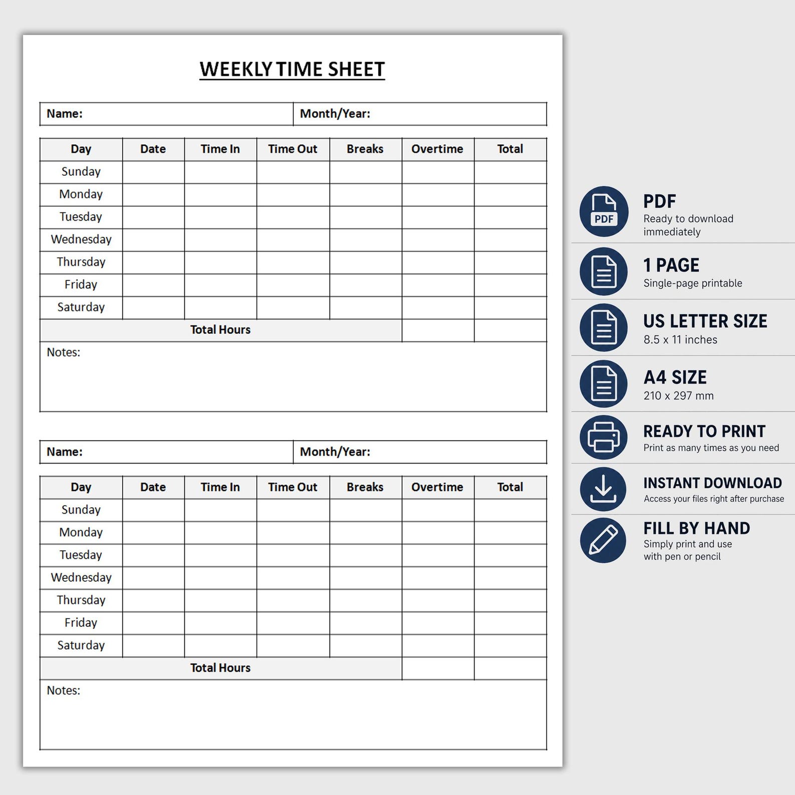 Printable Weekly Time Sheet | Employee Time Tracker | Work Hours Log ...