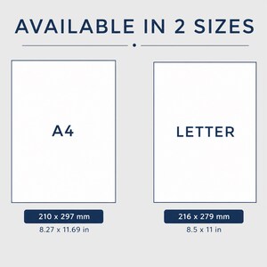 K&ouml;nnte beinhalten: Abbildung mit zwei Papierformaten: A4 (210 x 297 mm, entspricht 8,27 x 11,69 Zoll) und Letter (216 x 279 mm, entspricht 8,5 x 11 Zoll). Der Text "AVAILABLE IN 2 SIZES" steht oben.