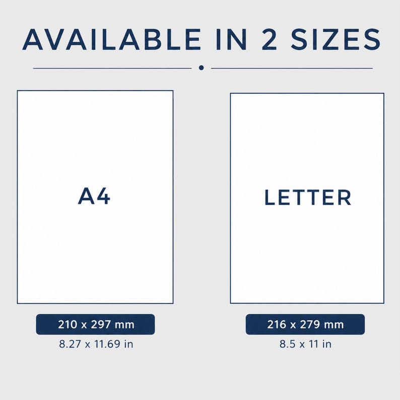 K&ouml;nnte beinhalten: Abbildung mit zwei Papierformaten: A4 (210 x 297 mm, entspricht 8,27 x 11,69 Zoll) und Letter (216 x 279 mm, entspricht 8,5 x 11 Zoll). Der Text "AVAILABLE IN 2 SIZES" steht oben.