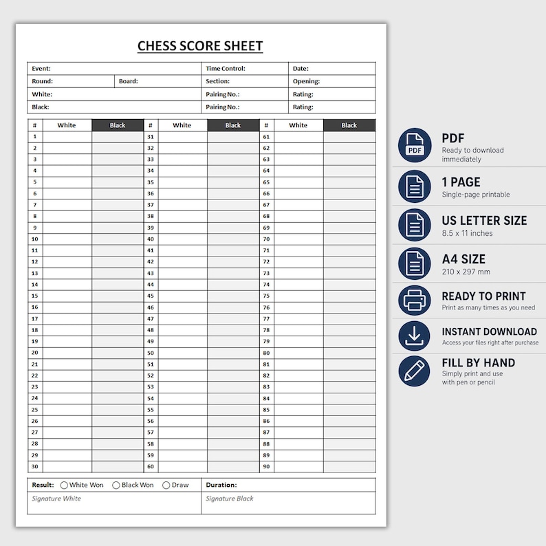 Printable Chess Score Sheet | Chess Scorecard | Match Score Record Log ...