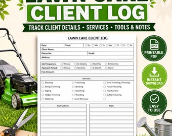 Ausdruckbares Kundenlogbuch | Rasenschnitt | Landschafts-klienten-Tracker | Rasenmähen Kunden-Formular | PDF-Download