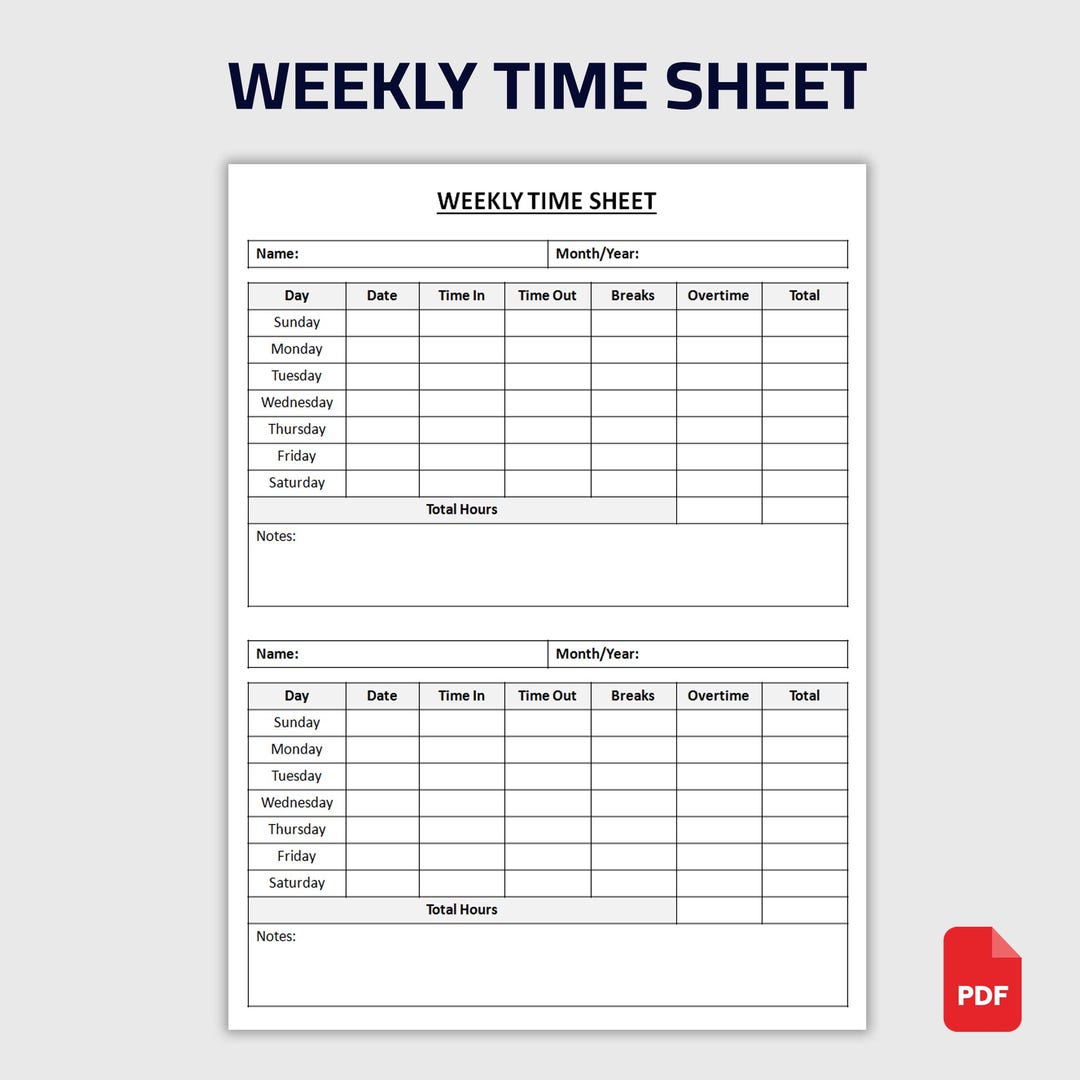 Printable Weekly Time Sheet | Employee Time Tracker | Work Hours Log ...