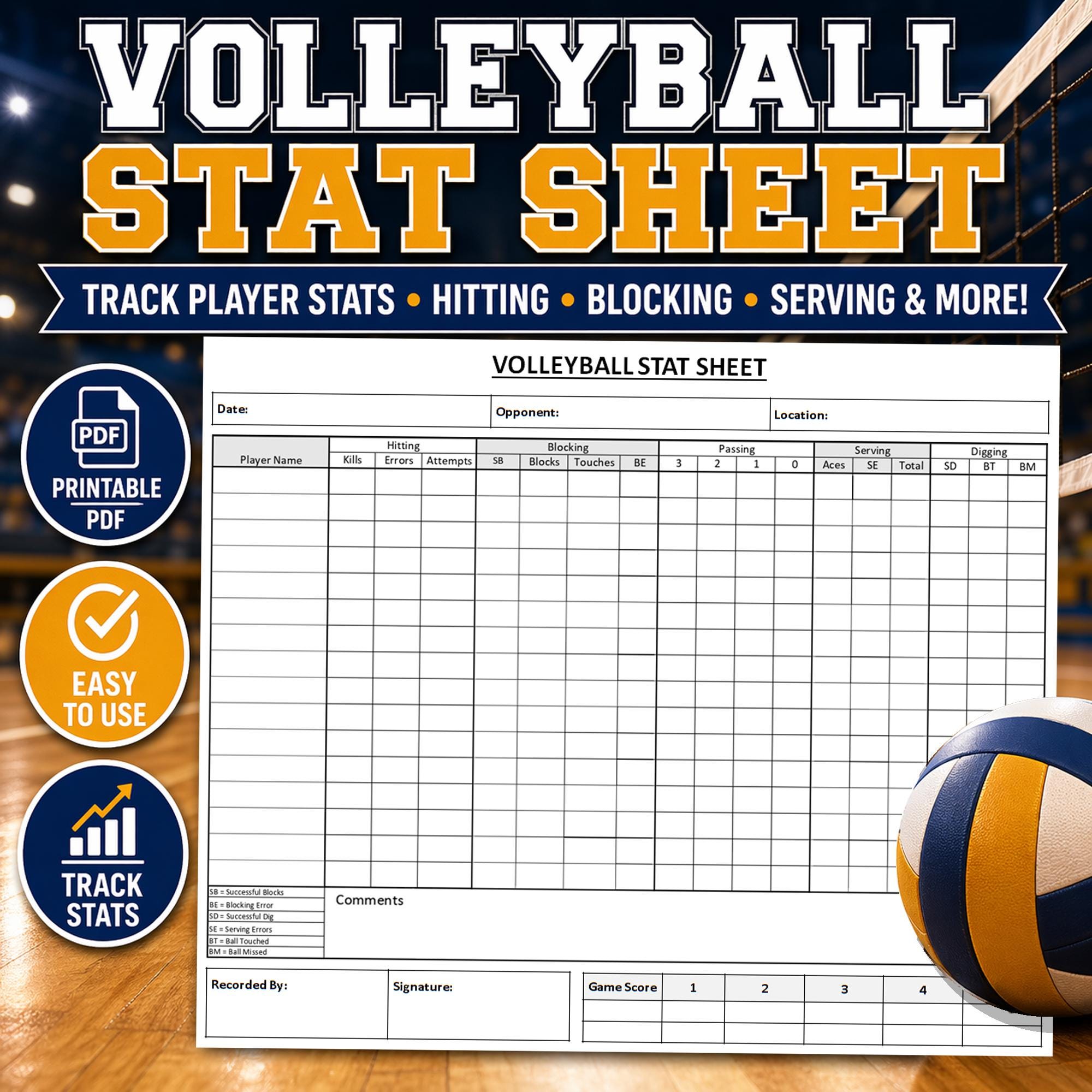 Printable Volleyball Stat Sheet | Volleyball Statistic Score Sheet | Game Stats Tracker | Match ...
