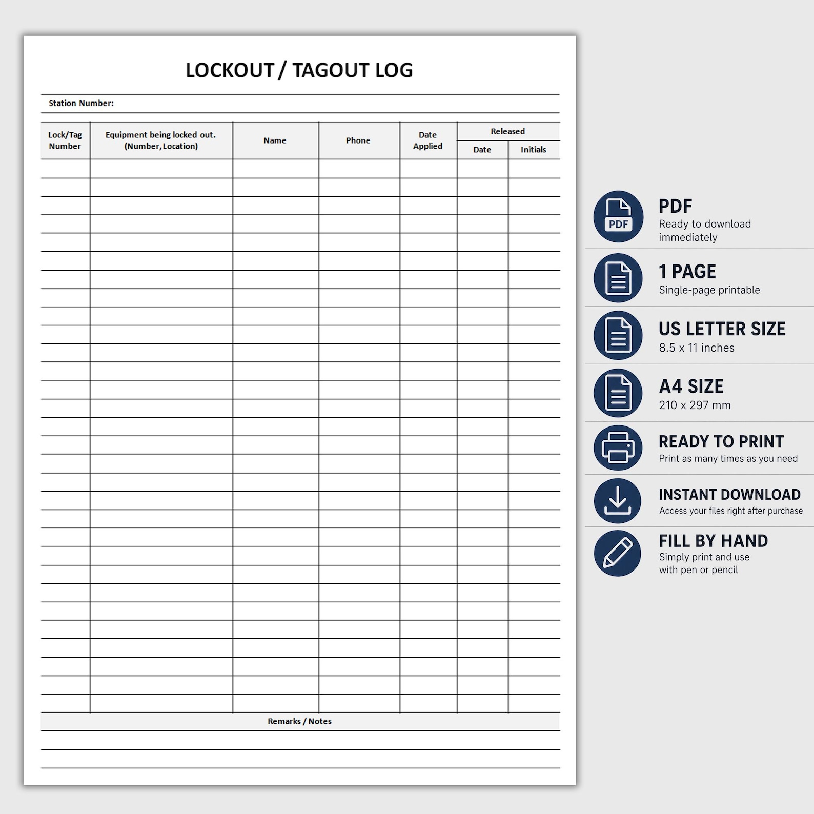 Printable Lockout Tagout Log | LOTO Safety Record | Lock Out Tag Out ...
