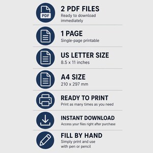 K&ouml;nnte beinhalten: Grafik mit Text und Symbolen, die Funktionen digitaler Dateien anzeigen. Enth&auml;lt "2 PDF FILES", "1 PAGE", "US LETTER SIZE 8.5 x 11 inches", "A4 SIZE 210 x 297 mm", "READY TO PRINT", "INSTANT DOWNLOAD" und "FILL BY HAND".