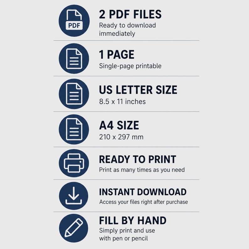 K&ouml;nnte beinhalten: Grafik mit Text und Symbolen, die Funktionen digitaler Dateien anzeigen. Enth&auml;lt "2 PDF FILES", "1 PAGE", "US LETTER SIZE 8.5 x 11 inches", "A4 SIZE 210 x 297 mm", "READY TO PRINT", "INSTANT DOWNLOAD" und "FILL BY HAND".