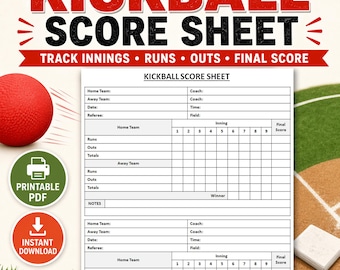 Kickball Ergebnisbogen zum Ausdrucken | Kickball Ergebnisliste | Spiel-Ergebnis-Aufzeichnung | Game Score Tracker | PDF-Download