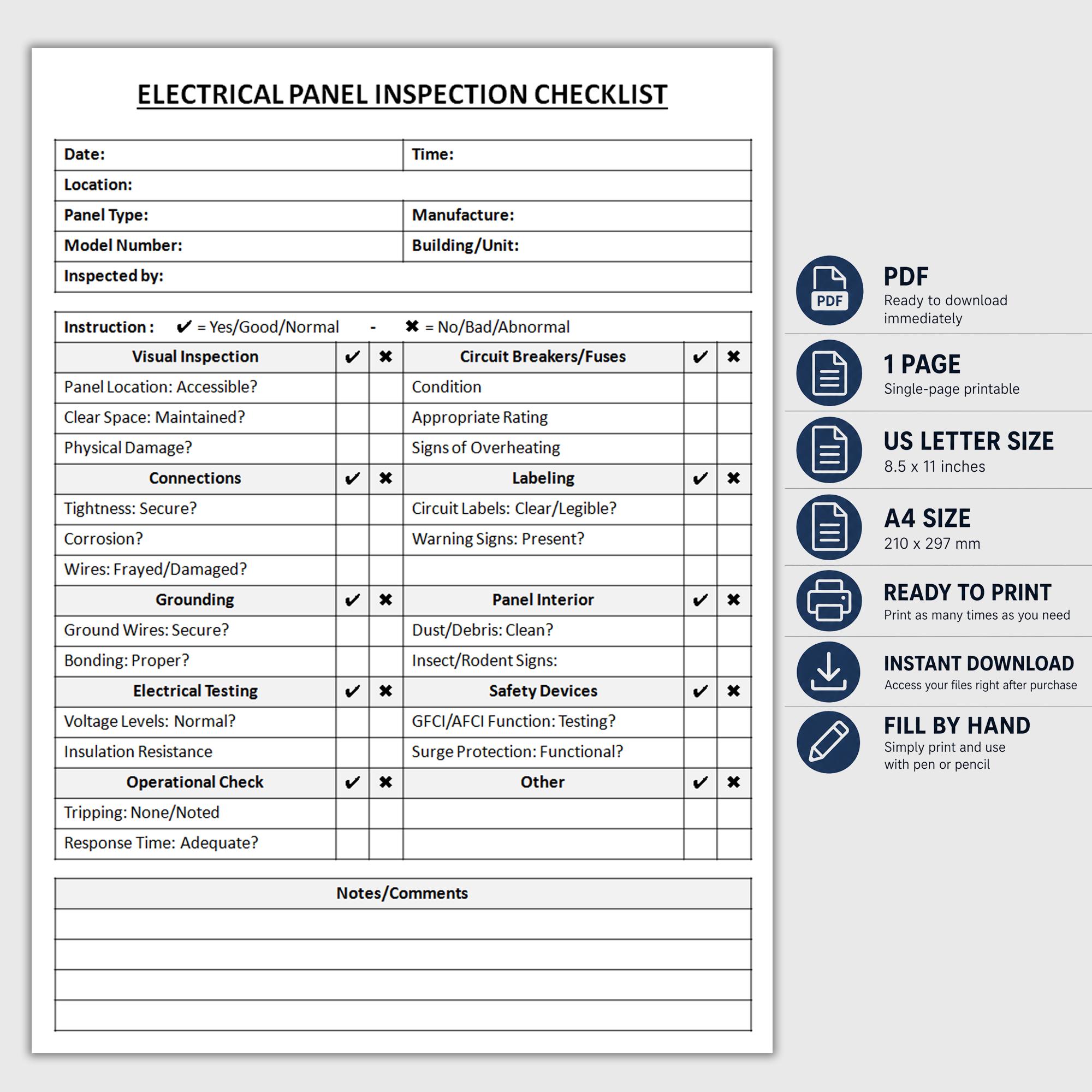 Printable Electrical Panel Inspection Checklist | Circuit Breaker Panel ...