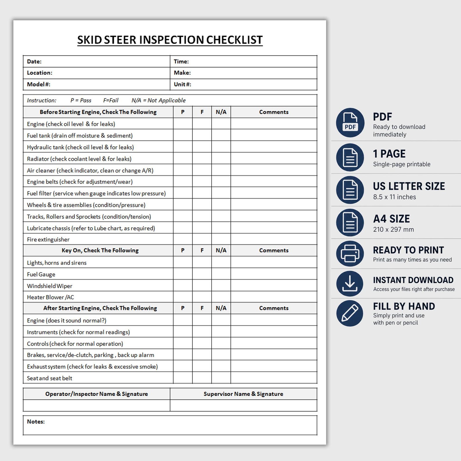 Printable Skid Steer Loader Inspection Checklist | Daily Inspection ...