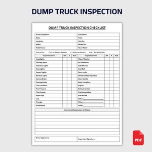 May include: A white document titled "DUMP TRUCK INSPECTION CHECKLIST" with a bold header. The checklist includes sections for driver information, inspection items, and comments. A red PDF icon is in the bottom right corner.