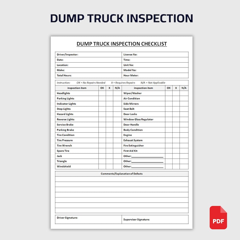 Printable Dump Truck Inspection Checklist | Daily Inspection Form ...