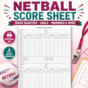 Può includere: Un tabellino di netball stampabile con spazio per tenere traccia di quarti, gol e avvertimenti. Il tabellino include sezioni per i nomi delle squadre, la data, l'arbitro e l'allenatore. Sono visibili anche un pallone da netball e un fischietto.