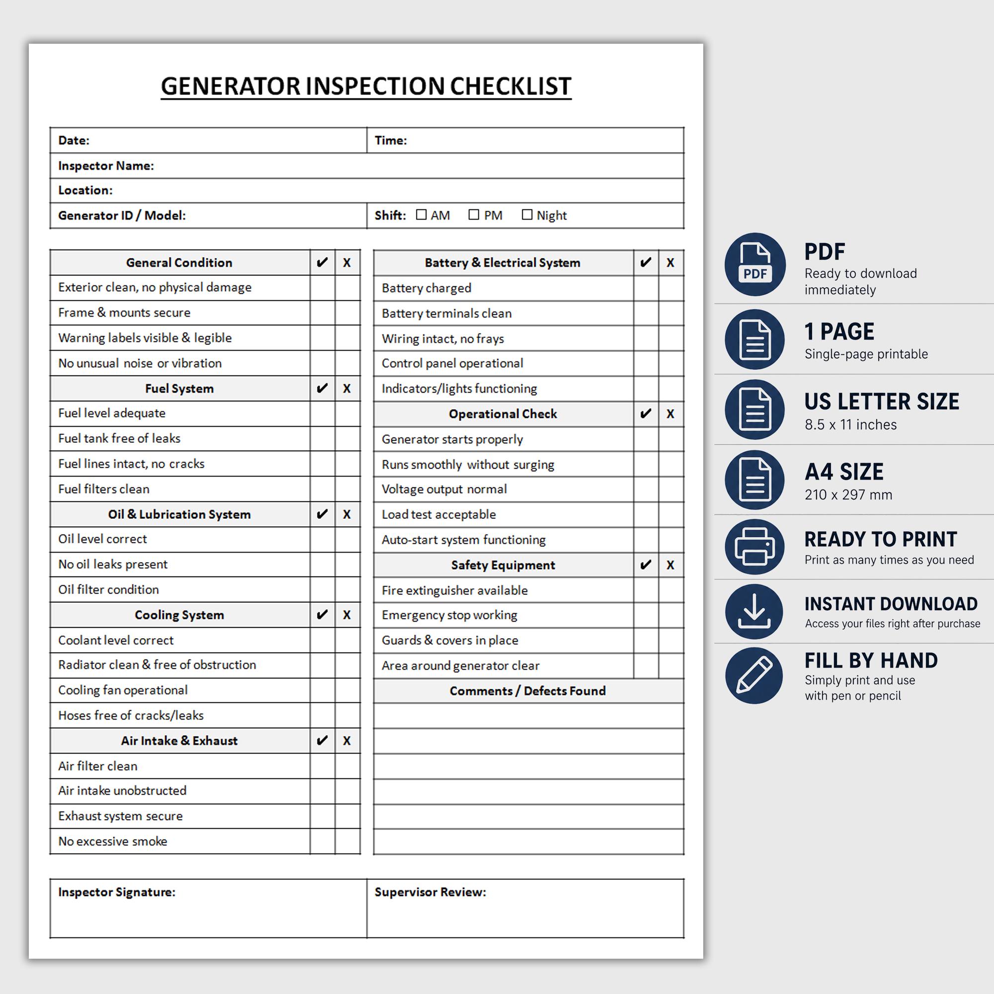 Printable Generator Inspection Checklist | Equipment Safety Checklist ...