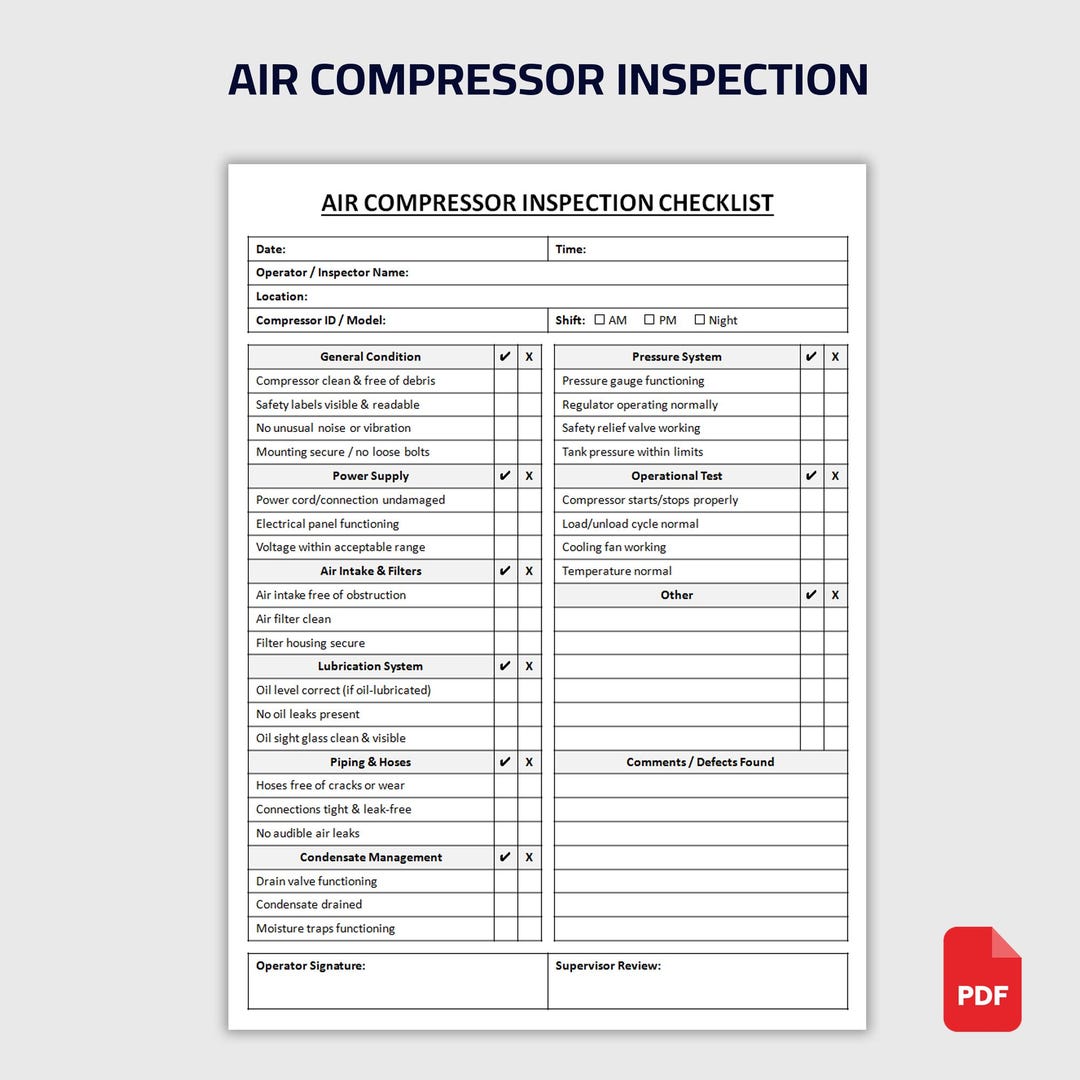 Printable Air Compressor Inspection Checklist | Equipment Safety ...