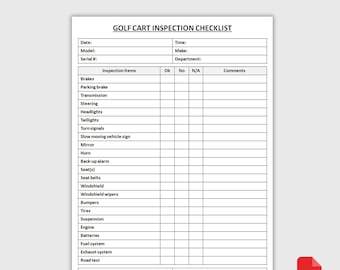 Druckbare Checkliste für die Golfwageninspektion | Checkliste für die Sicherheit der Ausrüstung | Form zur täglichen Kontrolle | Wartungsbuch | PDF-Download