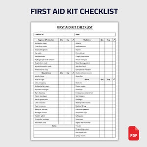 Puede incluir: Una lista de verificación de botiquín de primeros auxilios sobre un fondo blanco, con un encabezado negro que dice "FIRST AID KIT CHECKLIST". La lista incluye secciones para higiene, cuidado de heridas y medicamentos, con espacios para cantidades y fechas de vencimiento.