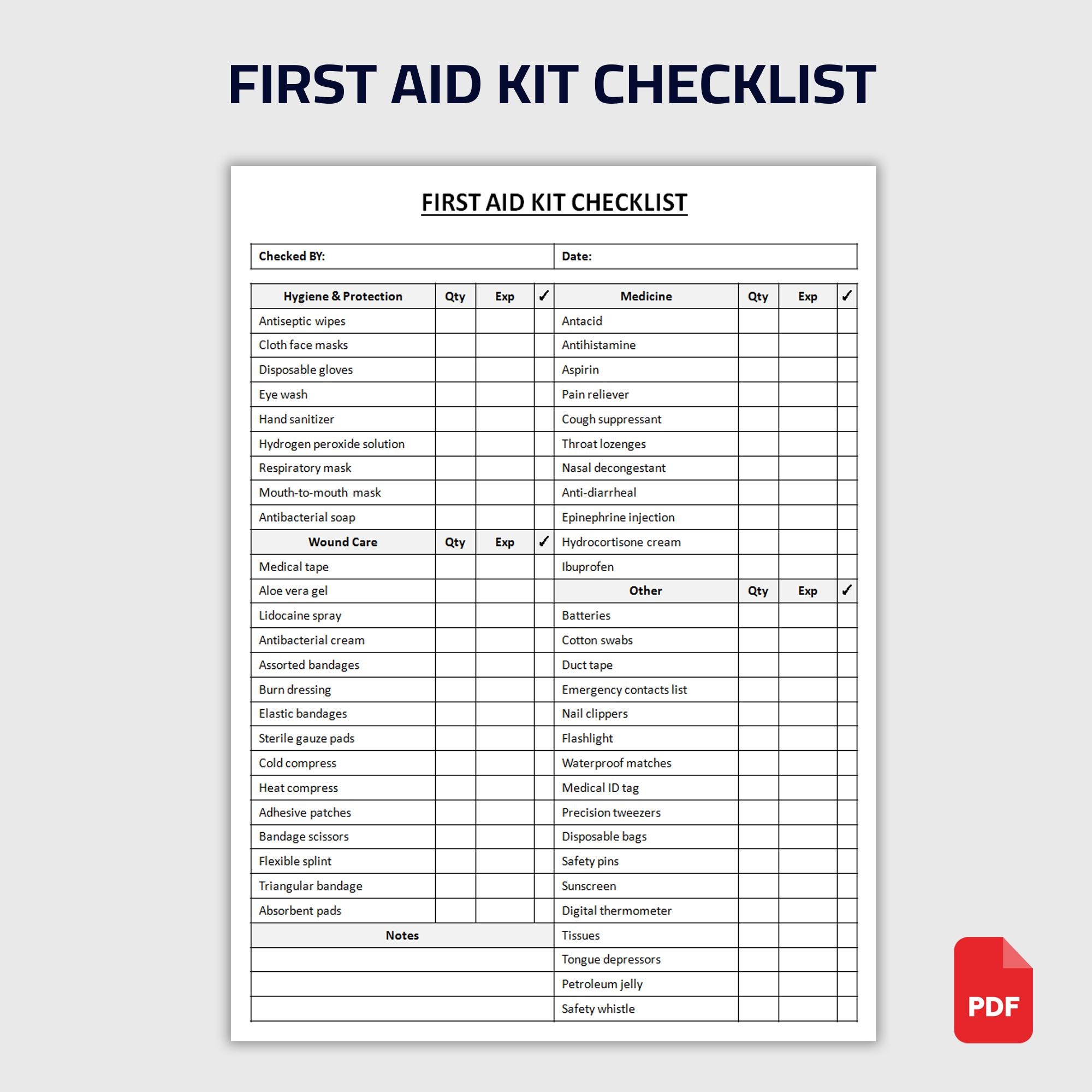 Printable First Aid Kit Checklist | First Aid Supply Check List ...