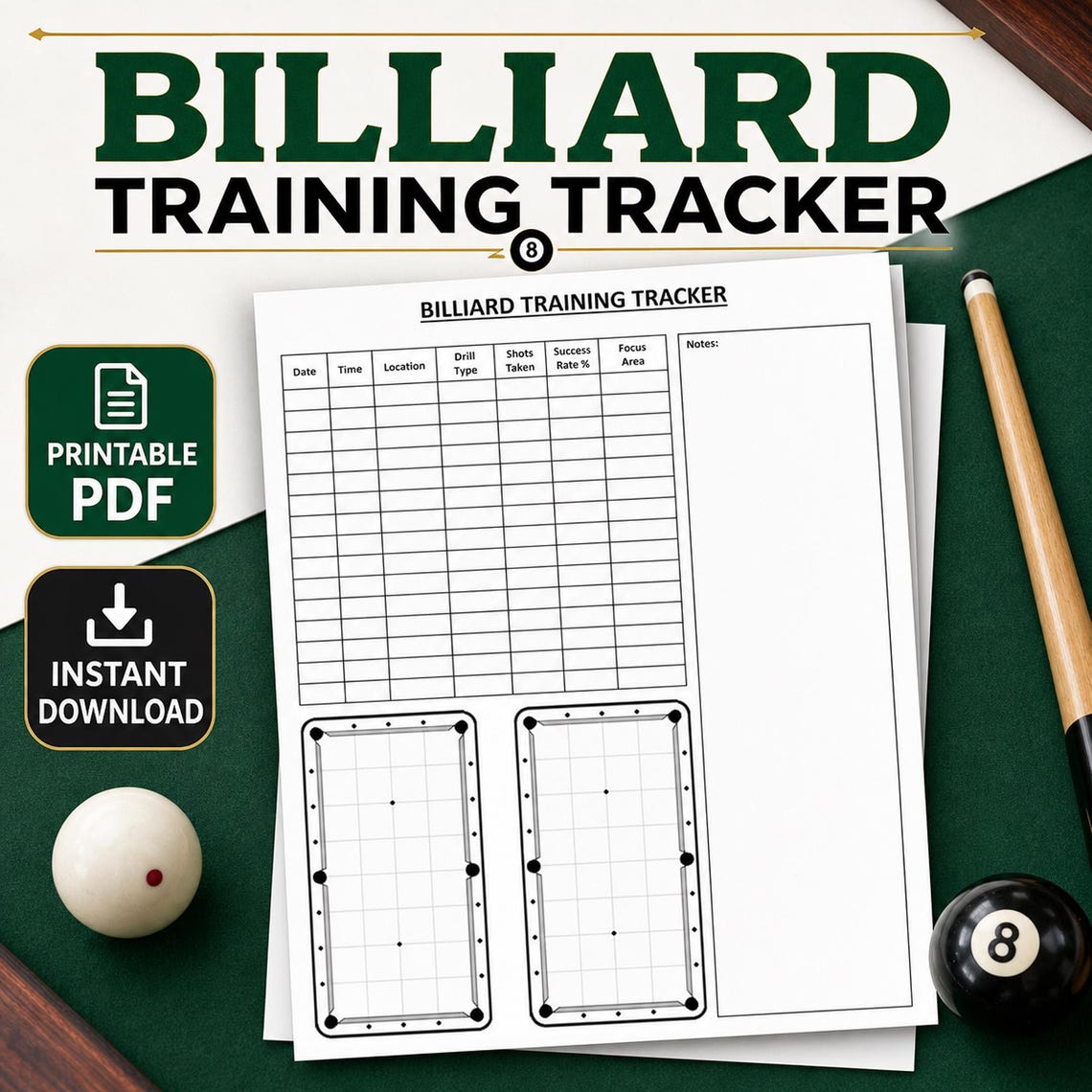 Printable Billiard Training Tracker | Pool Practice Log | Billiards ...
