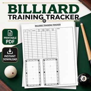 Könnte beinhalten: Ein druckbarer Billard-Trainingstracker im PDF-Format mit grünem und weißem Design. Das Dokument enthält Abschnitte für Datum, Uhrzeit, Ort, Übungstyp, Schüsse, Erfolgsquote und Fokusbereich. Ein Queue, eine Billardkugel und eine Achtkugel sind ebenfalls sichtbar.