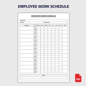 May include: A white paper employee work schedule template with black text and grid lines. The document features fields for supervisor, week of, and department, followed by a table for employee names, daily in and out times, and a notes section at the bottom.