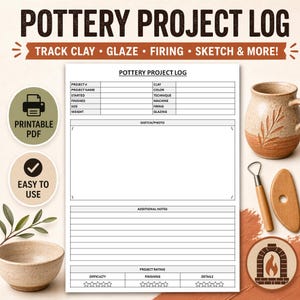 Könnte beinhalten: Ein druckbares PDF-Töpferprojektprotokoll mit Abschnitten zur Verfolgung von Ton, Glasur, Brennen und mehr. Das Design umfasst eine Keramiktasse, Töpferwerkzeuge und Symbole.