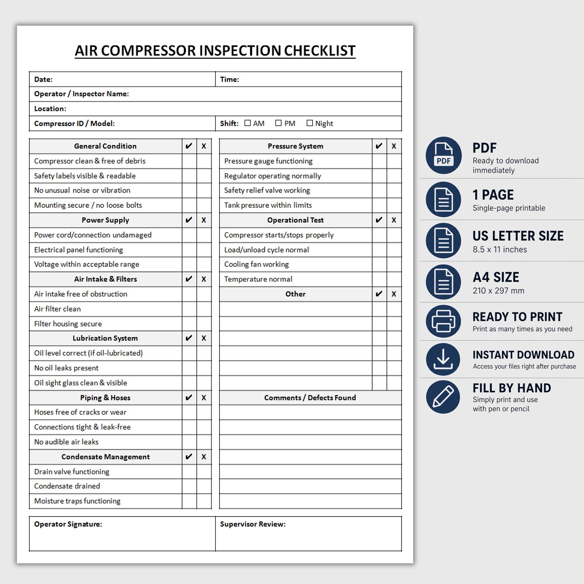 Printable Air Compressor Inspection Checklist | Equipment Safety ...