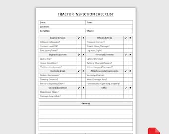Druckbare Checkliste für die Traktorinspektion | Checkliste für die Sicherheit der Ausrüstung | Form zur täglichen Kontrolle | Wartungsbuch | PDF-Download
