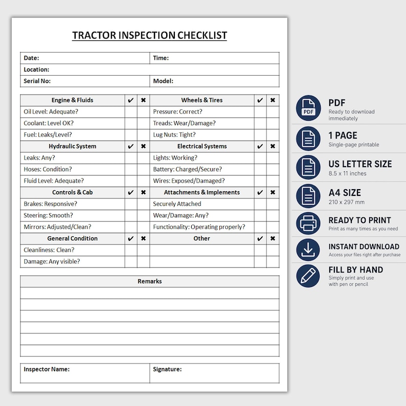 Tractor Inbound Inspection Form Printable Tractor Inspection Checklist | Equipment Safety Checklist ...