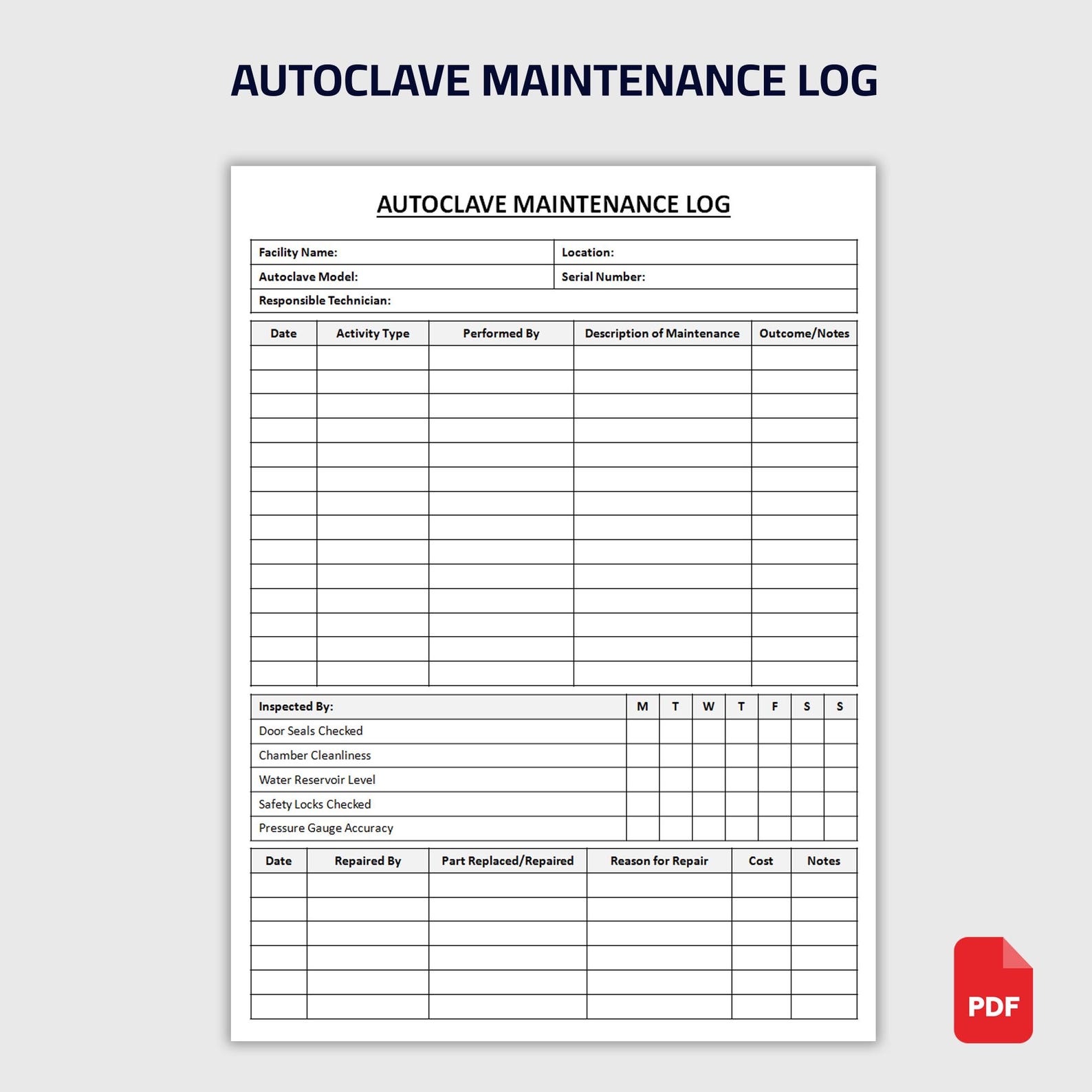 Printable Autoclave Maintenance Log | Sterilization Equipment Repair ...